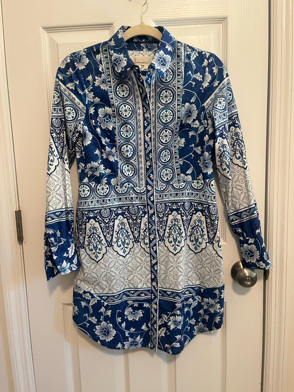 Anthro Blue White Tile Print Shirt Dress XS Button Down Coastal Preppy Chic - Picture 5 of 12